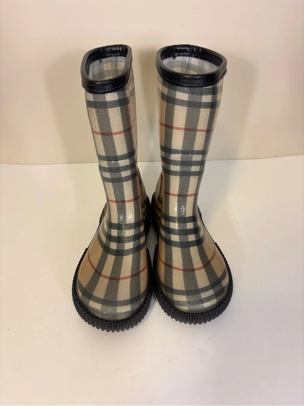 Burberry Beige Plaid Nova Check Kids Rain Boots Size 1/2